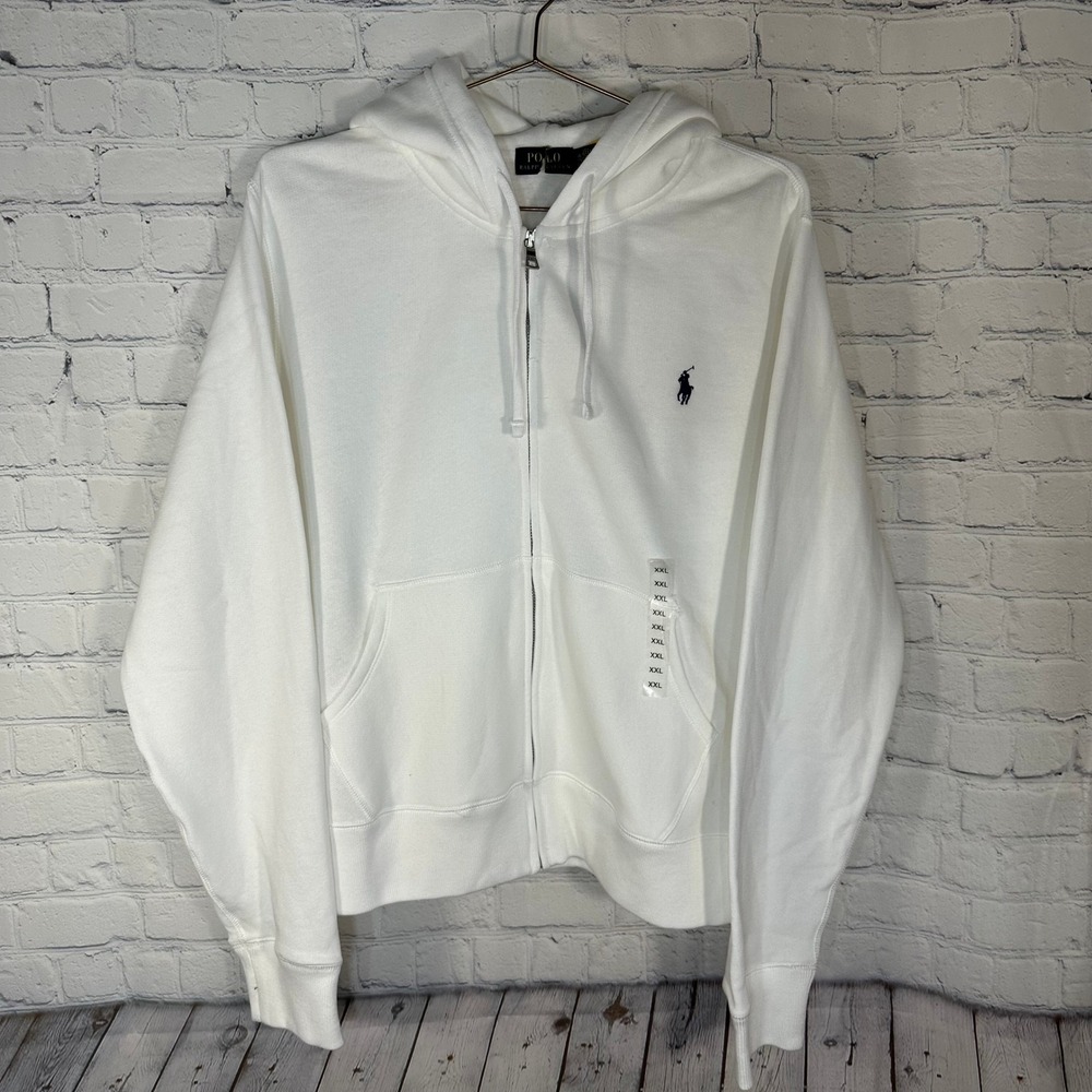 Polo Ralph Lauren White Full Zip Hoodie Fleece Sweatshirt XXL Pony Logo